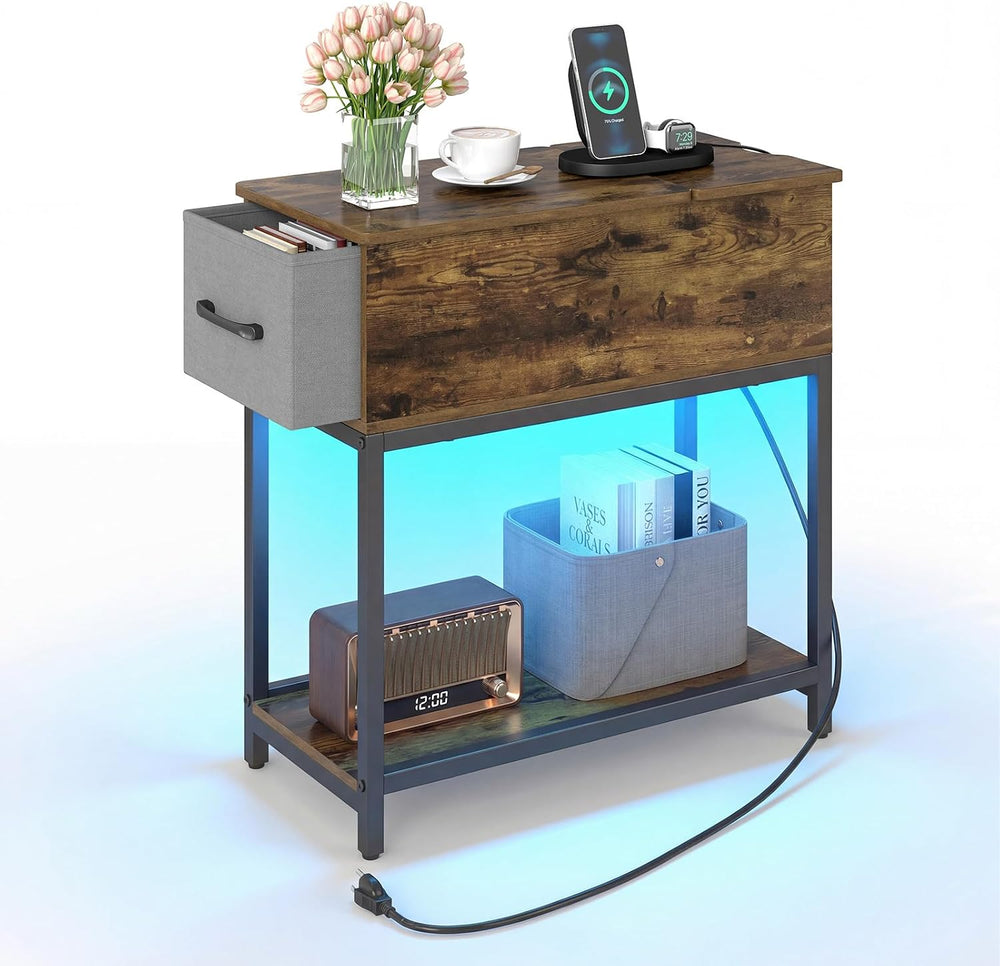 GOFLAME LED End Table with Hidden Charging Station, Narrow Compact Sofa Side ...