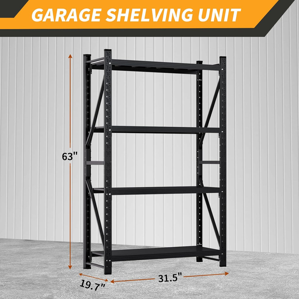 63" H Storage Garage Shelving Unit, 2500LBS Heavy Duty Metal Shelves Organization, Adjustable 4 Tier Utility Storage Shelf Rack for Industrial, Basement, Warehouse (Black, 19.7" D×31.5" W×63" H)
