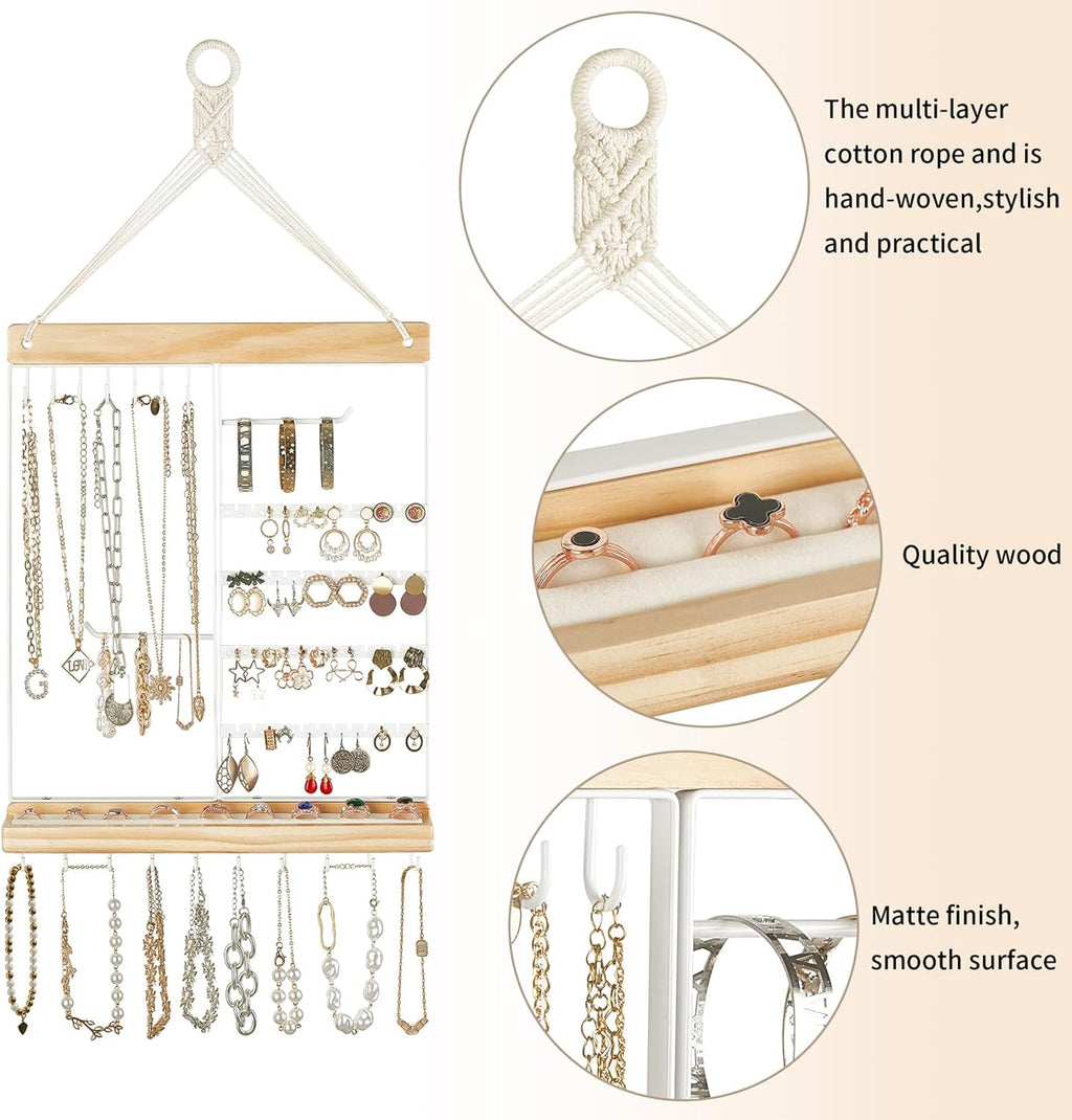 Mkono Hanging Jewelry Organizer Wall Mounted Earring Holder Metal Necklace Holder Wood Shelf with 55 Holes and 7 Hooks Display Rack For Storage Bracelet Rings Ear Studs Accessories Women Bedroom Decor