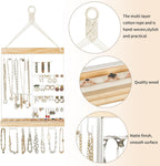 Mkono Hanging Jewelry Organizer Wall Mounted Earring Holder Metal Necklace Holder Wood Shelf with 55 Holes and 7 Hooks Display Rack For Storage Bracelet Rings Ear Studs Accessories Women Bedroom Decor