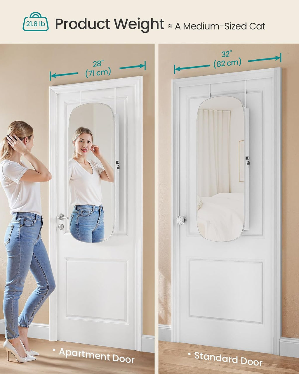 SONGMICS Jewelry Organizer, LED Jewelry Cabinet Wall/Door Mounted, Lockable Rounded Wide Mirror with Storage, Interior Mirror, 3.9 x 16.5 x 42.5 Inches, White Surface with Greige Lining