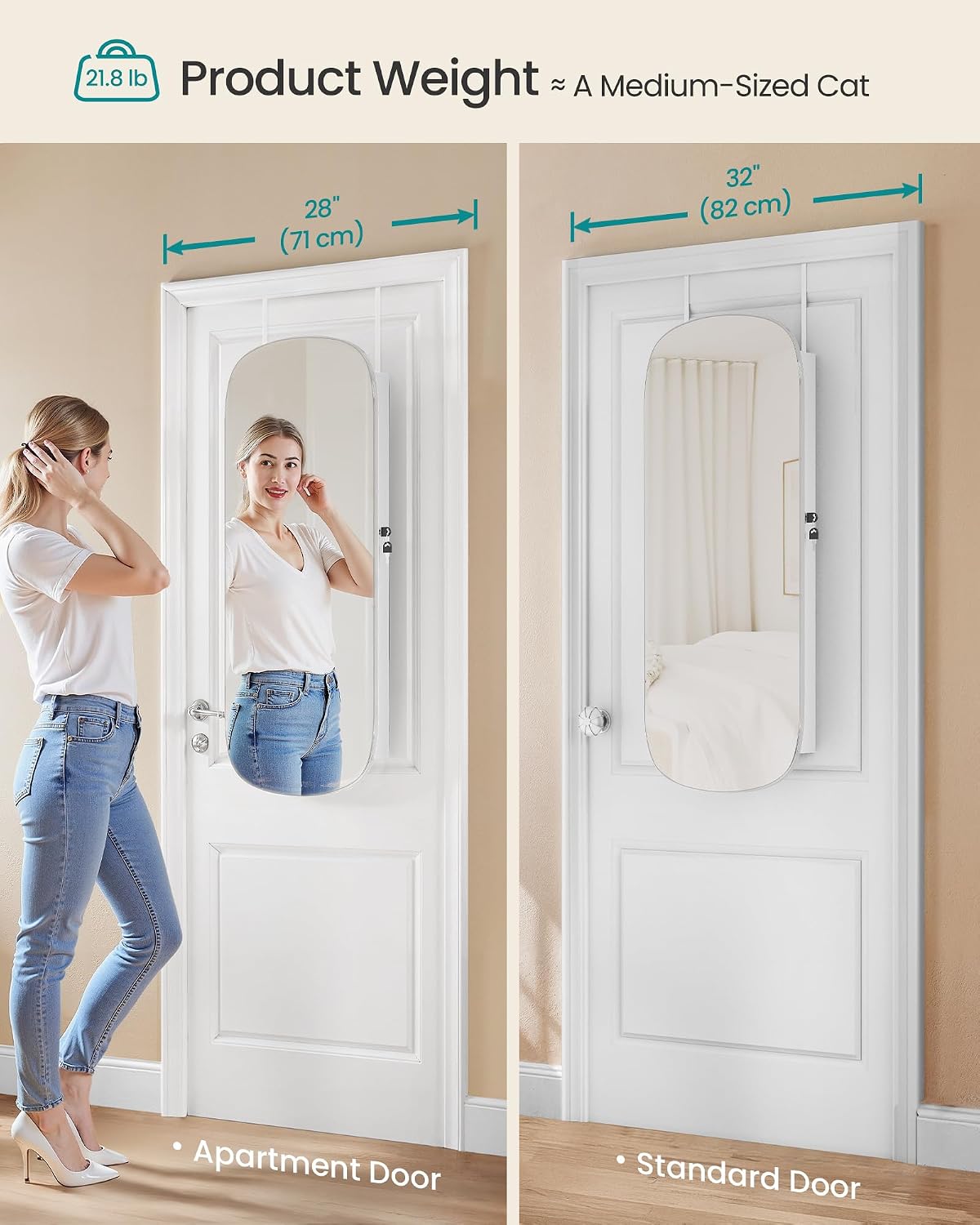 SONGMICS Jewelry Organizer, LED Jewelry Cabinet Wall/Door Mounted, Lockable Rounded Wide Mirror with Storage, Interior Mirror, 3.9 x 16.5 x 42.5 Inches, White Surface with Greige Lining