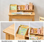 UNICOO Bamboo Toddler Desk and Chair Set with Lift-Top Storage, Kids Study Table with Hutch and Bookshelf, Writing Reading Art Desk for Boys and Girls Ages 3-8