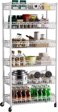 6 Shelves Storage Shelf Wire Closet Bathroom Organizers Metal Pantry Kitchen Garage Shelving Unit Laundry Room Organization Home Rack Net Basket White with Wheels 30" Dx14 Wx65 H
