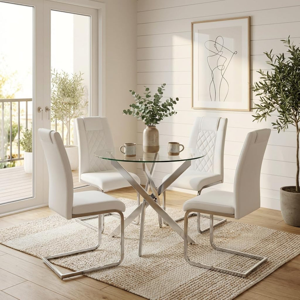 Round Glass Dining Table Set for 4, Modern Kitchen Table Chairs Set of 4, 35&...