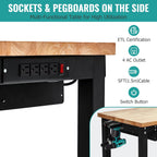 60 Inch Adjustable Height Rubber Wood Workbench, Heavy Duty 3000LBS Work Table with Drawers & Pegboard, Power Outlets for Garage, Workshop, Home Office