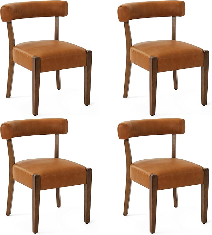 Modern Dining Chairs Set of 4, Faux Leather Upholstered Kitchen & Dining Room Chairs, Mid Century Modern Wooden Dining Chairs Oversized Sturdy Rounded Chairs Curved Back, Brown