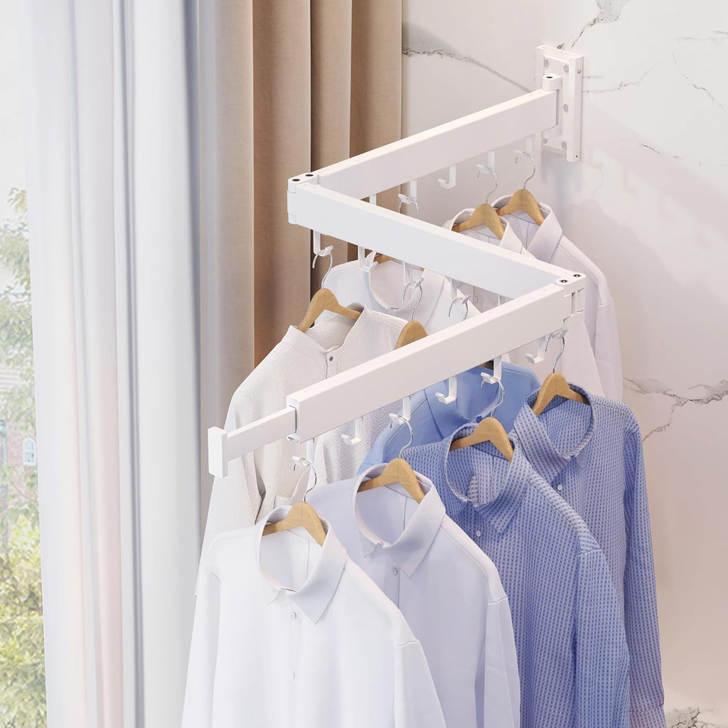 Wall Mounted Clothes Drying Rack, Collapsible, Folding, Retractable - Clothes Hanging Rack (Hooks, White)