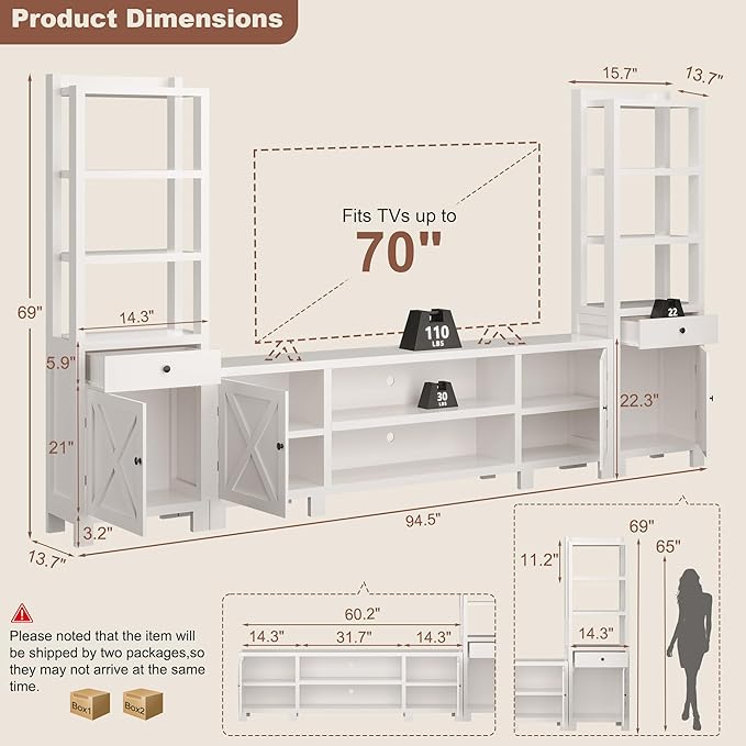94" W Entertainment Center with Bookshelves & Storage, Large Wall Unit TV Stand for TVs up to 70", Modern White Wood Media Console with Power Hub for Living Room (White)