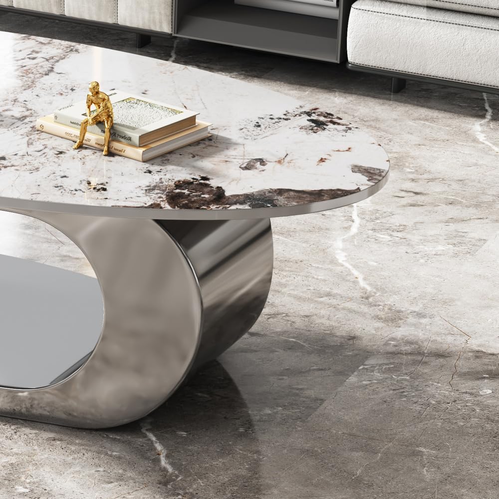 ZOEDO 49.2 Inches Oval Faux Marble Coffee Table for Living Room with Stainles...
