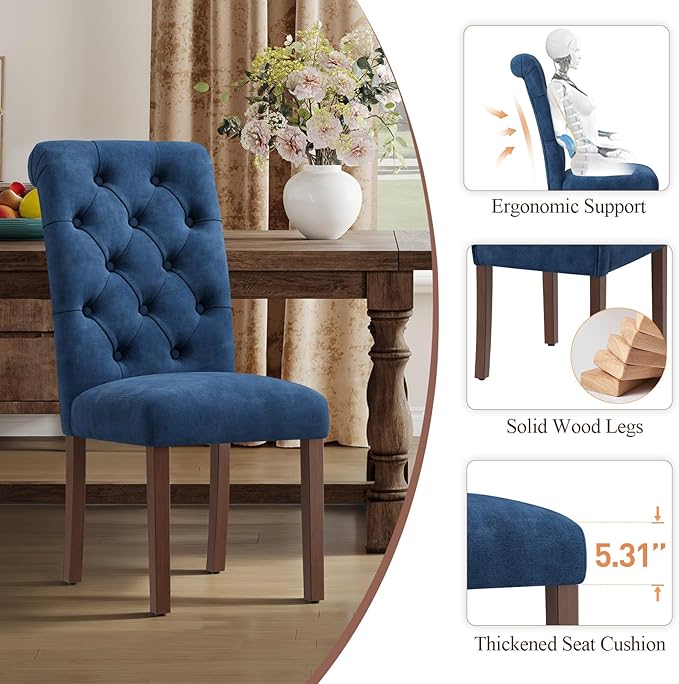 Upholstered Tufted Dining Room Chairs Set of 4, Parsons Kitchen Chairs with Padded Seat and Solid Wood Legs, Fabric Accent Side Diner Chair for Dining Room/Kitchen/Living Room, Blue