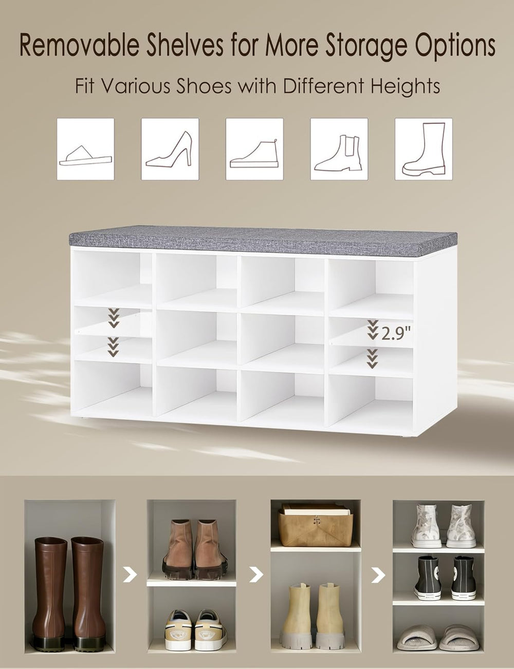 DINZI LVJ Shoe Storage Bench with Cushion, Cubby Shoe Rack with 12 Cubbies, A...