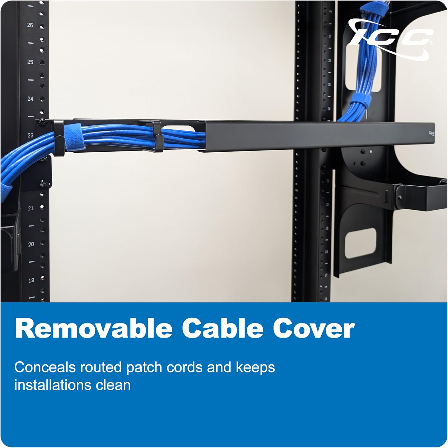 ICC 1U Ring Cable Manager Panel with Cover, Metal, 3" D-Rings, Horizontal Cable Management, Rackmount for 19” Network Racks, Black, Single Pack