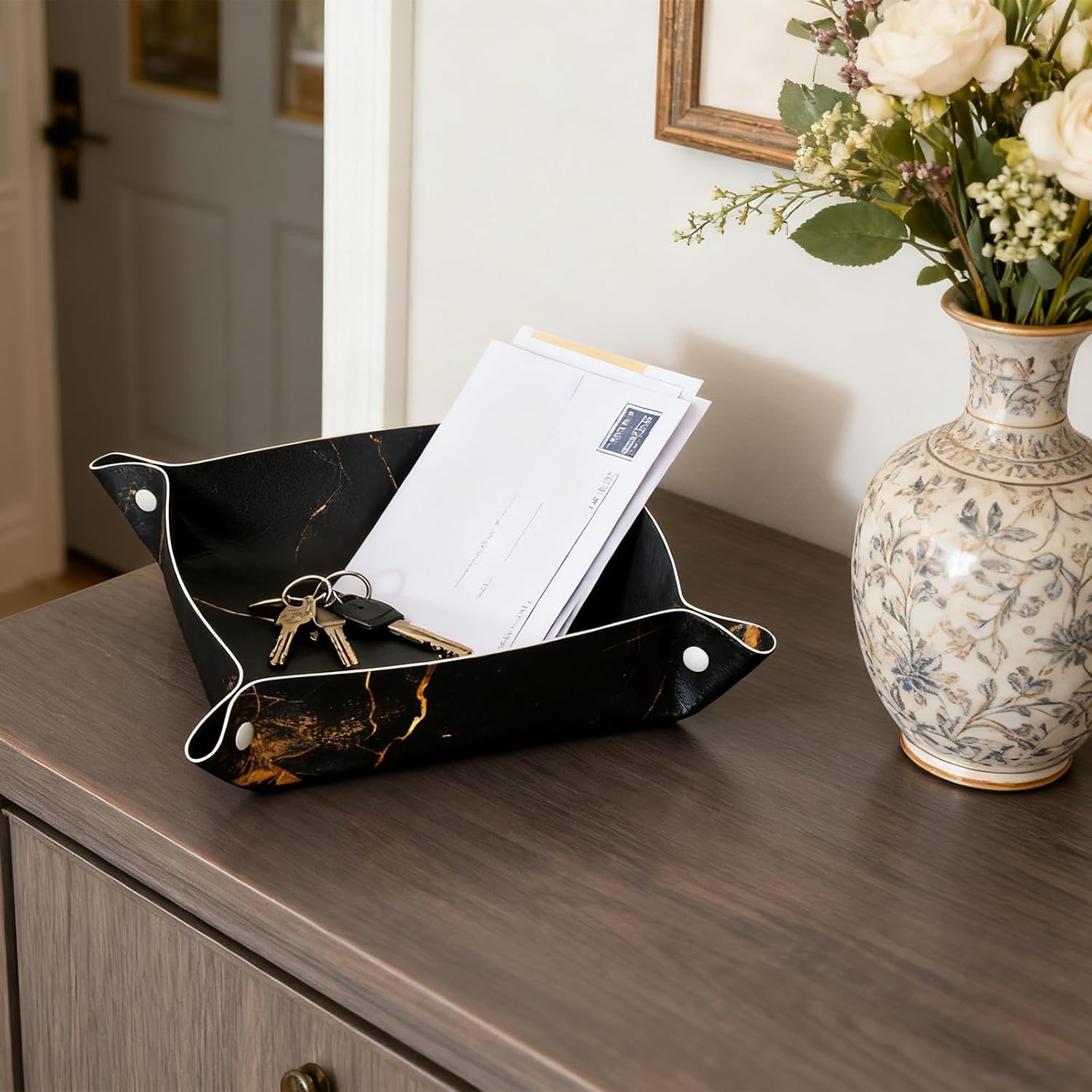 Black Marble Valet Tray Catchall Trays Key Organizer Leather Tray Night Stand Organizer Bedside Vanity Trays Decor for Entryway Table