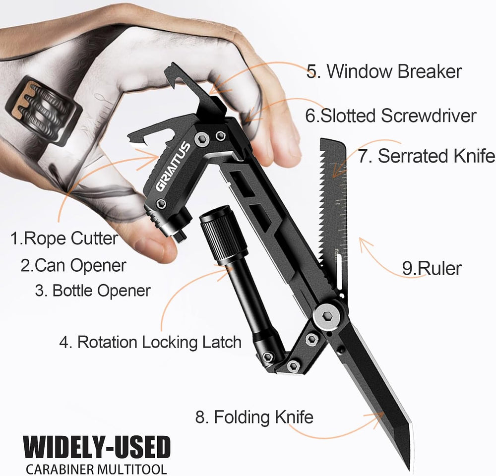 Carabiner Multitool 8-in-1 EDC Carabiners Pocket Knife for Camping, Black