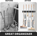 IMILLET Broom Holder Wall Mount, Wood Broom Holder with 5 Racks and 4 Hooks Broom Organizer, Laundry Room Organization and Storage, Mop Hanger for Home Organization, Garden, Garage, Closet (Black)