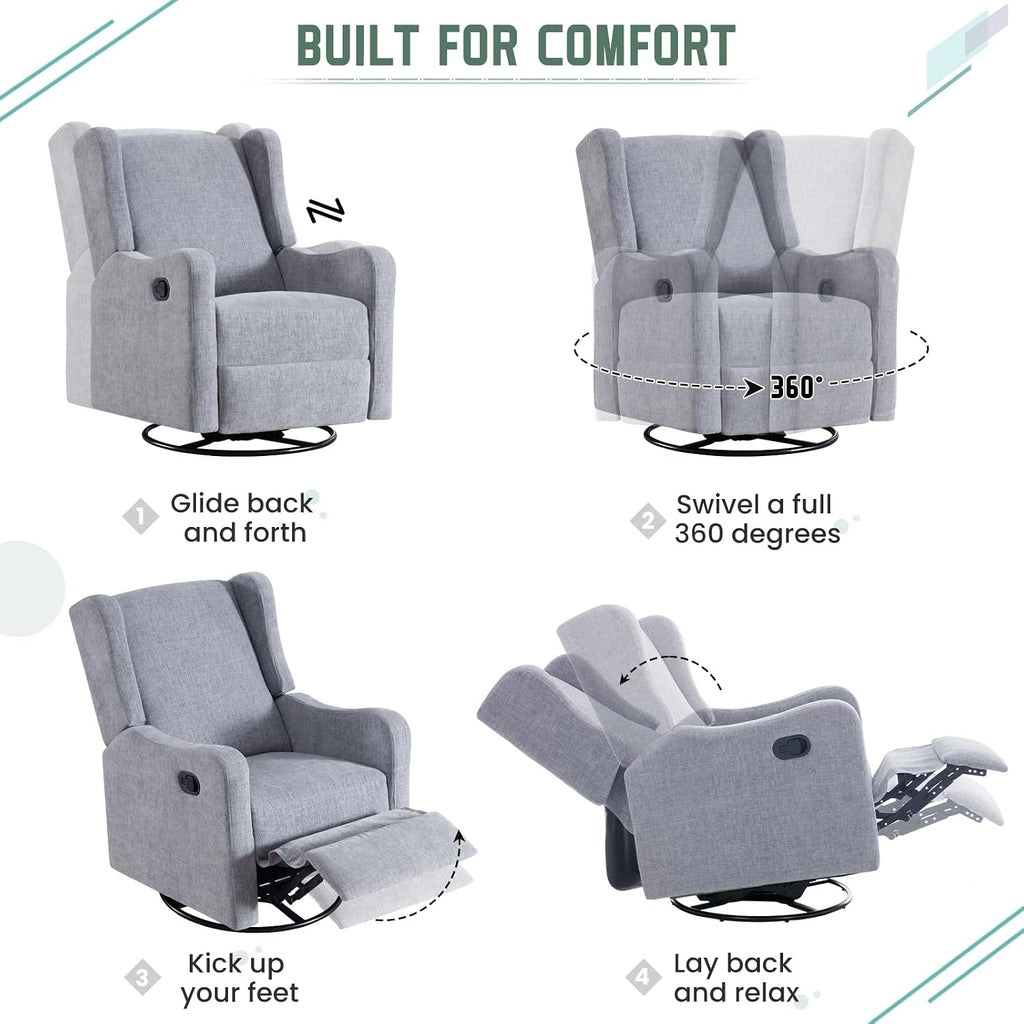 360° Swivel Glider Recliner, Soft Chenille Mid Century Modern Upholstered Ergonomic Rocker Comfy Wingback Accent with Curved Arm Sillas Reclining Chair Living Room Bedroom Lounge Reading Nursery Grey