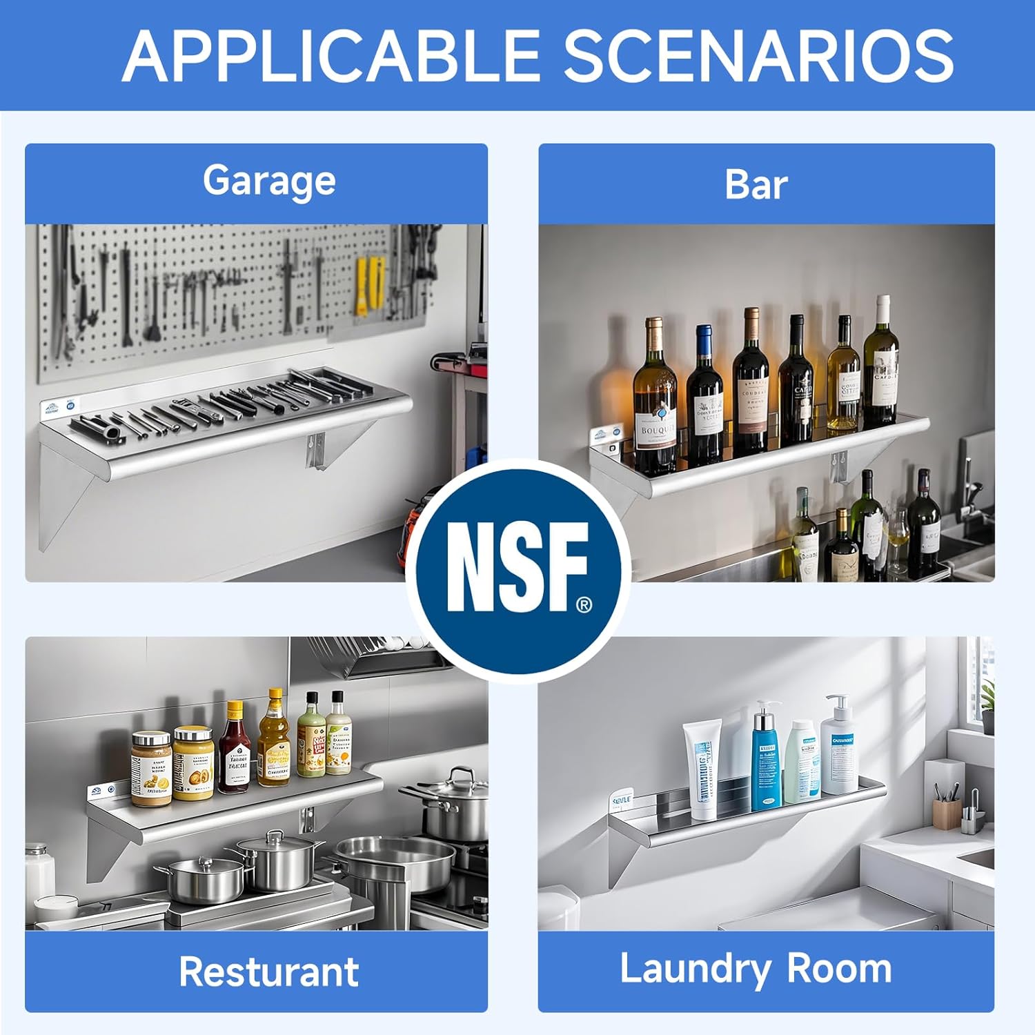 ROCKPOINT Stainless Steel Shelf 12 x 36 Inches 300lb, 2 Pack NSF Commercial Wall Mount Floating Shelving with Backsplash for Restaurant, Kitchen, Home and Hotel, Silver