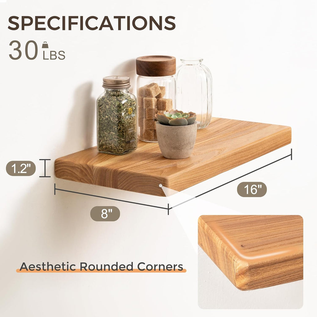 Fun Memories Rustic Solid Elm Wood Floating Shelves, 16" W x 8" D Floating Shelf Wall Mounted, 8 Inch Deep Wall Shelves, Wooden Bathroom Shelf for Home, Deep Bookshelf for Living Room, Set of 2