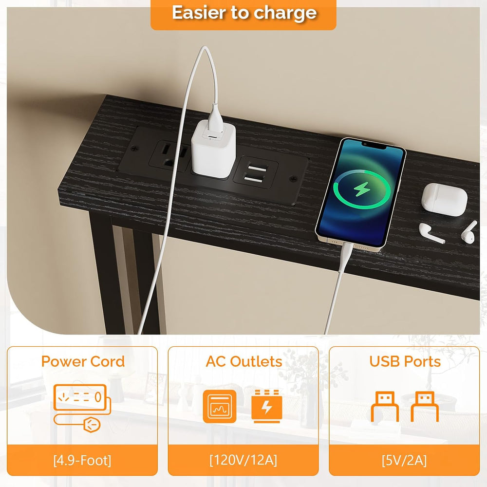 VINGLI 39" Console Table with Charging Station, 5.9" Narrow Sofa Ta...