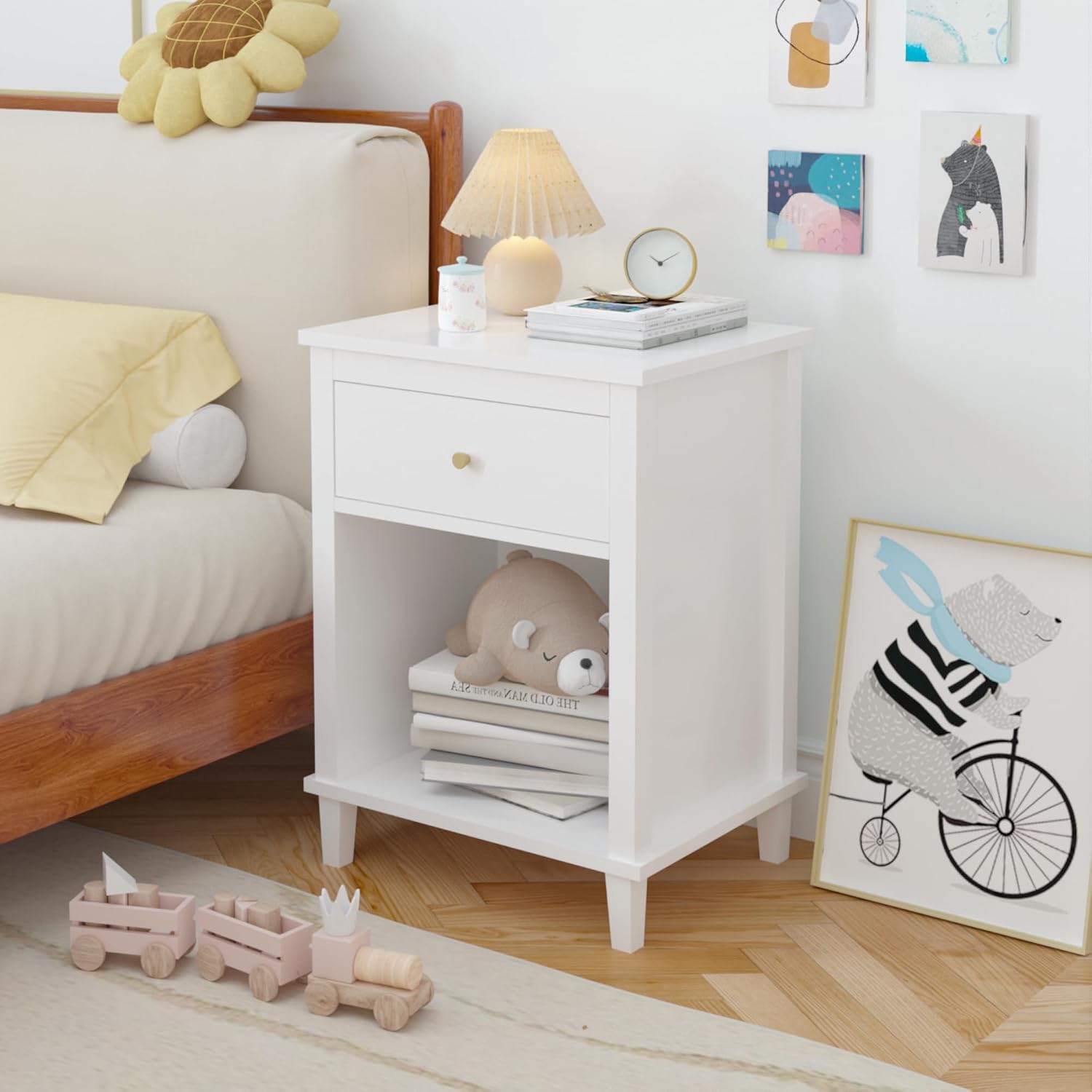 extrasleep Kids Nightstand with Storage Drawer, 27''H Wooden Toddler Night Stand for Boys Girls Toddler, Modern End Table with Shelf for Bedroom Living Room, Kids Small Bedside Table (White)