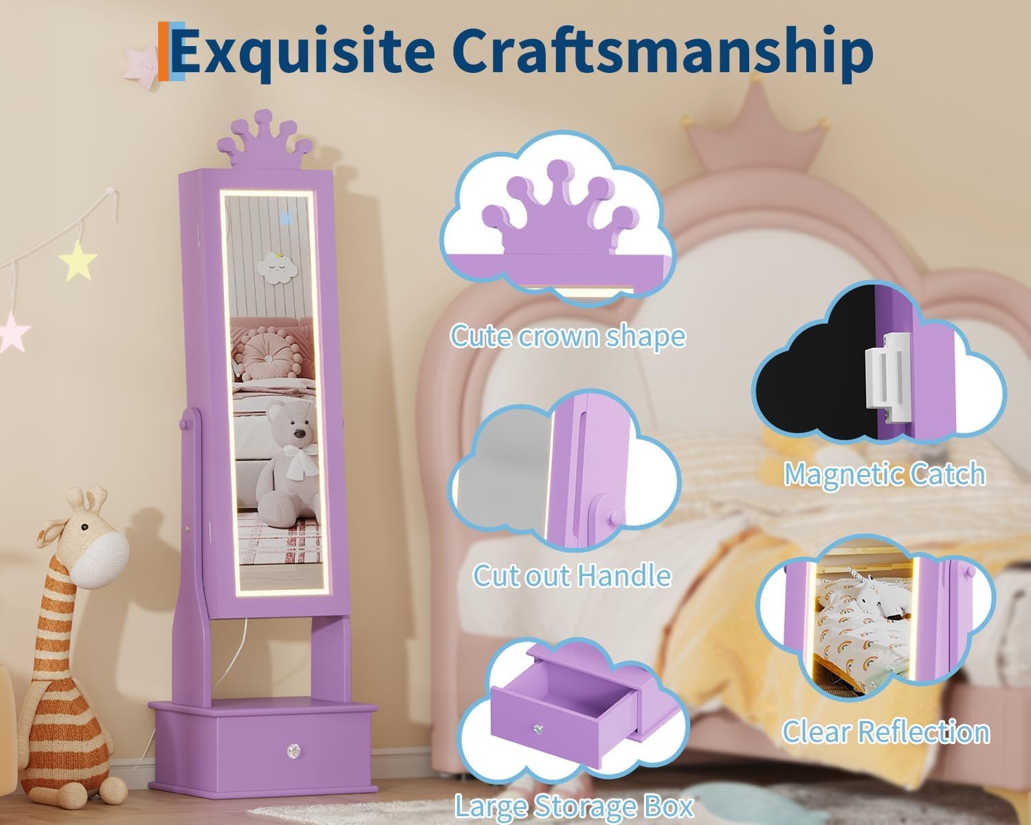 LED Kids Jewelry Armoire Cabinet with Full Length Mirror for Girls, Purple | 3 Color Touch Control Lighting,Anti-Tip Stable Structure,Lockable Cabinet, Freestanding Jewelry Organizer