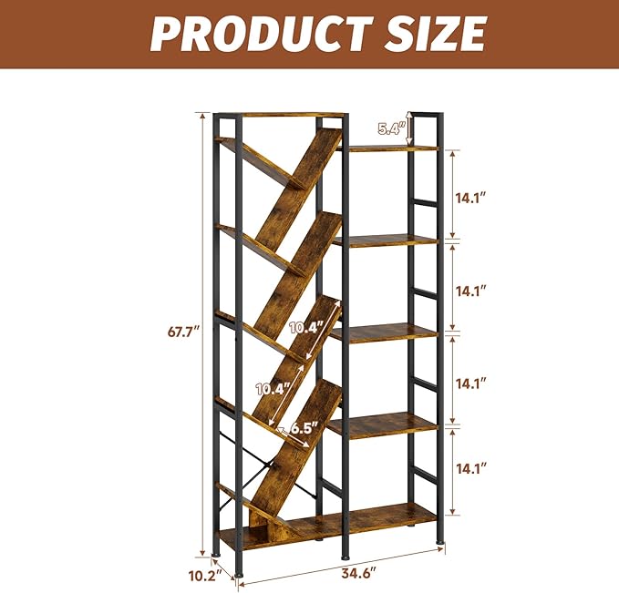 5-Tier Double Wide Bookshelf 67" , Industrial Tree BookShelves, Vintage ...
