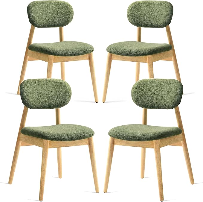 Wooden Dining Chairs Set of 4, Farmhouse Boucle Upholstered Kitchen Chairs, Green