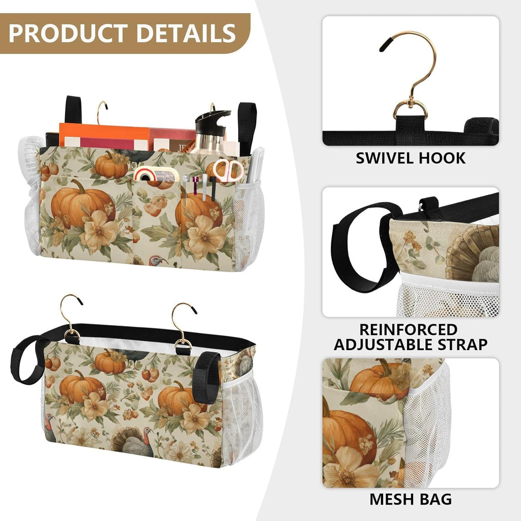 Thanksgiving Turkeys Pumpkin Beige Bedside Caddy for Dorm Bed Bedside Hanging Caddy Bag Iron Frame Storage Organizer Pocket for Bunk Home College Hospital Beds 2 Hooks