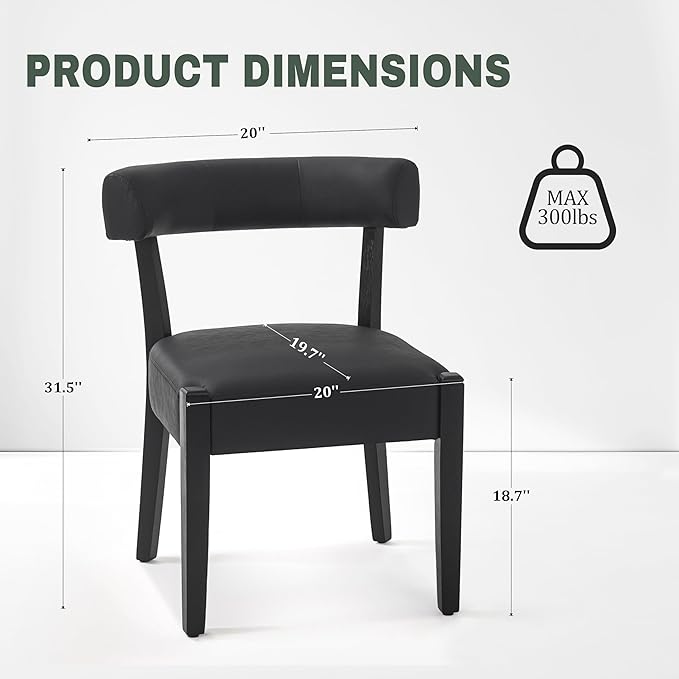 Modern Black Dining Chairs Set of 6, Faux Leather Upholstered Kitchen & Dining Room Chairs, Mid Century Modern Wooden Dining Chairs Oversized Sturdy Rounded Chairs Curved Back
