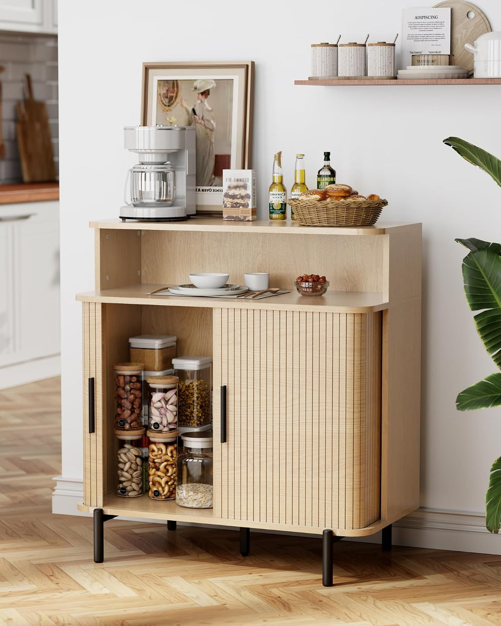 SUNCOZE Buffet Sideboard Cabinet with Big Storage Space Set of 2, Fluted Coffee Bar Cabinet with Shelves, Modern Wood Console Cabinet for Kitchen, Entryway & Living Room (Wood)