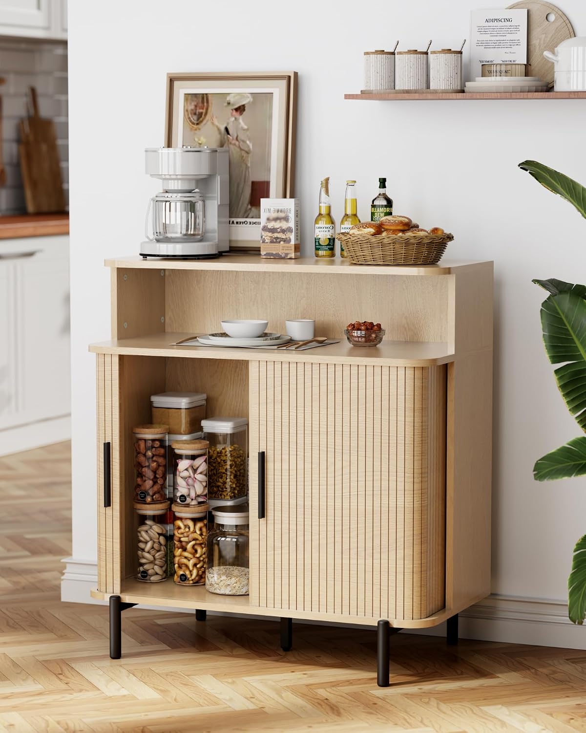 SUNCOZE Buffet Sideboard Cabinet with Big Storage Space Set of 2, Fluted Coffee Bar Cabinet with Shelves, Modern Wood Console Cabinet for Kitchen, Entryway & Living Room (Wood)