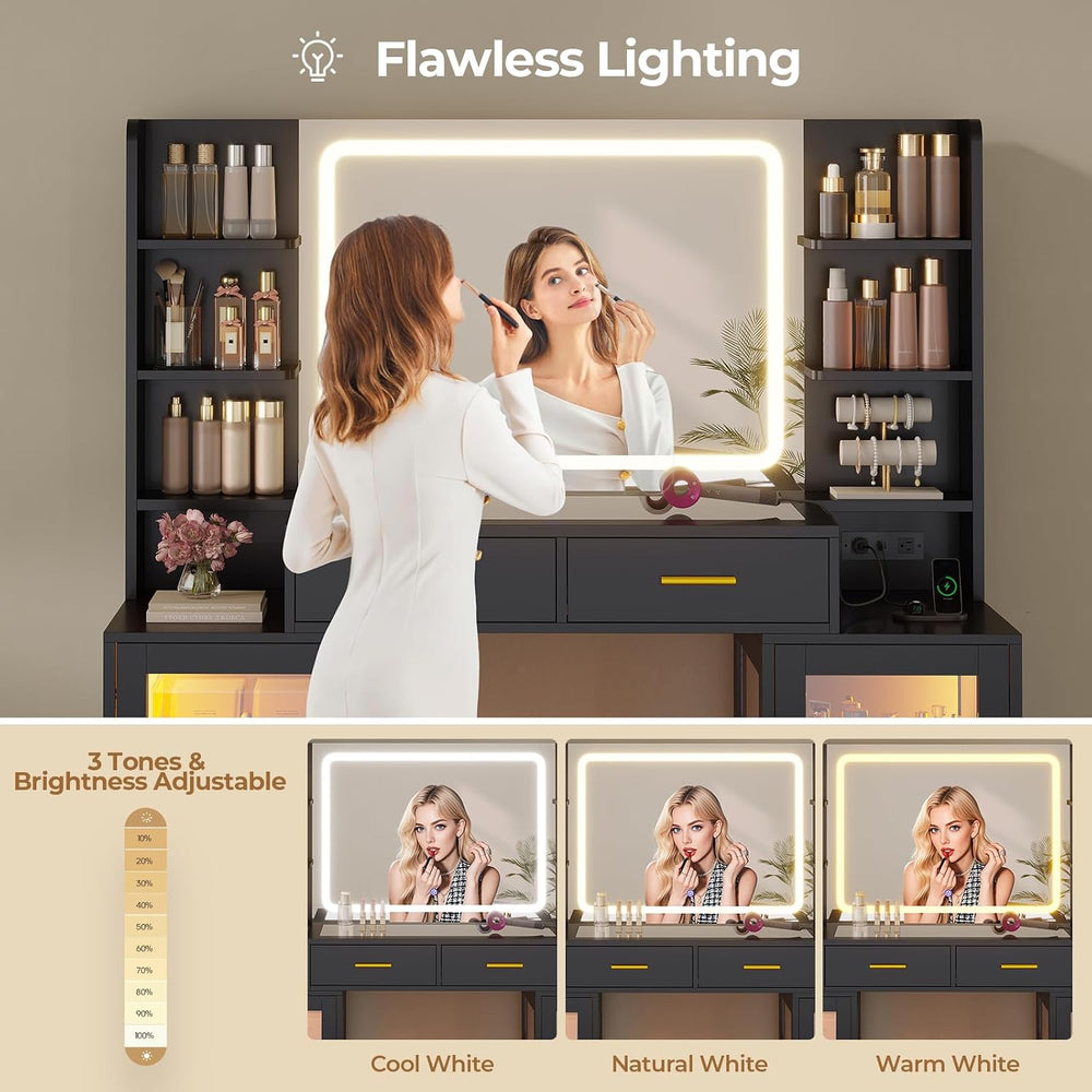 ADORNEVE Makeup Vanity with Mirror & Lights, Glass RGB Cabinets, Black | ...