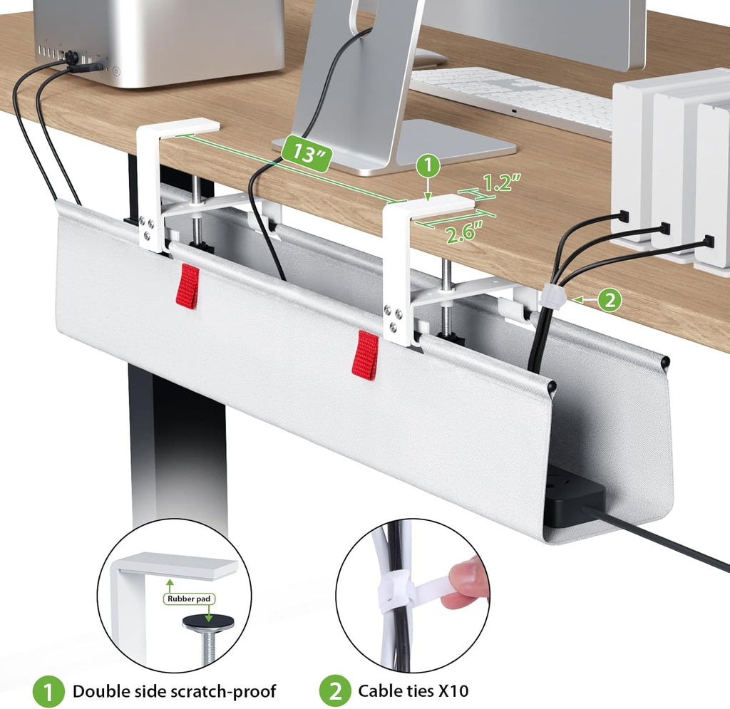 KEEGH No Drill Under Desk Cable Management Tray - 28" Cord Management Under Desk - Clamp/Screw Mount - Support Upto 70lbs - Fabric Wire Management - Gaming/PC Cable Raceways for Office/Home, White