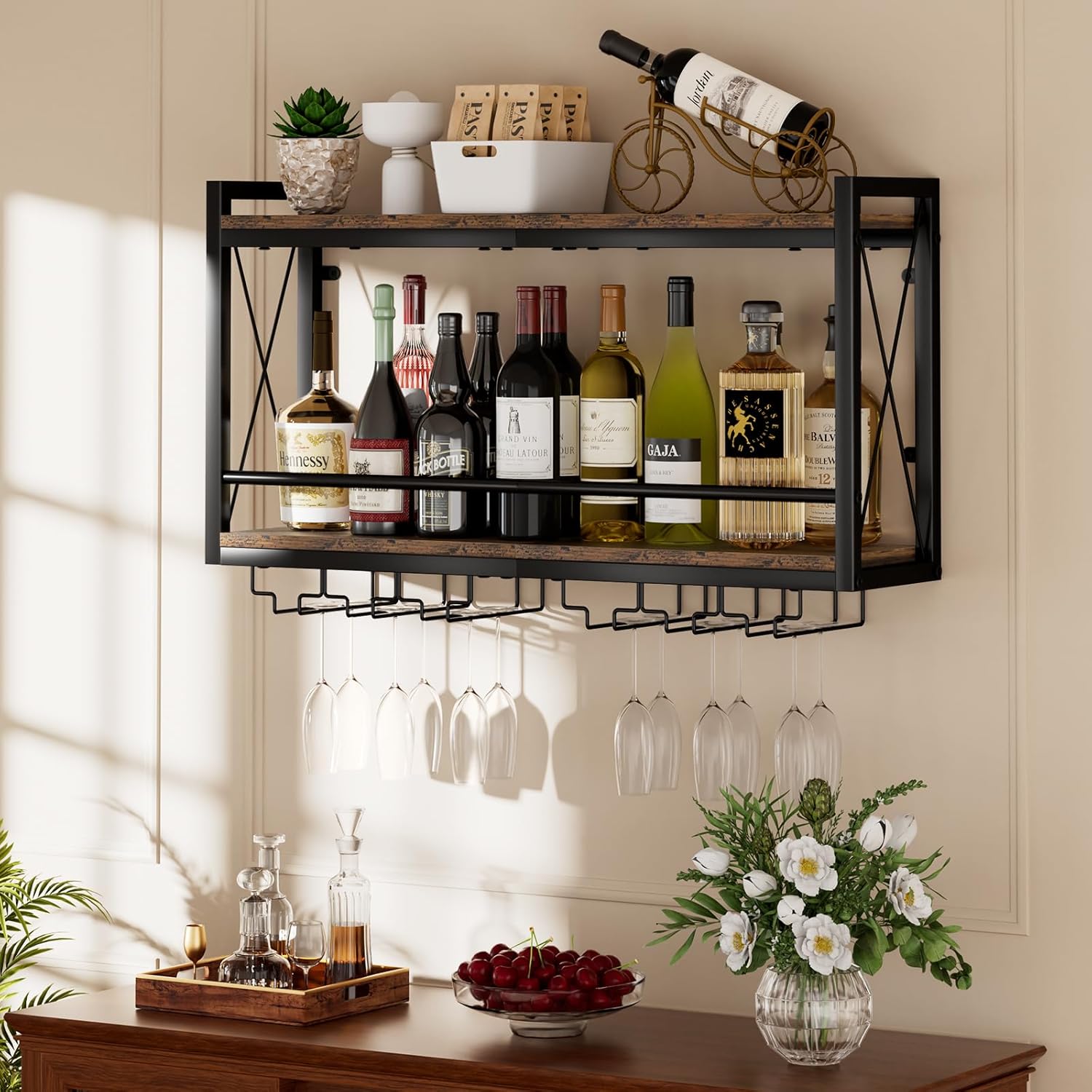 Shikha LED Wall Mounted Wine Rack with Glass Holder for Home Bar Kitchen | 31.4 Inch Retro Hanging Wine Display Shelf with RGB LED Lights, Stemware Holder, 2 Tier Wood-Metal Wine Bottle Storage Rack