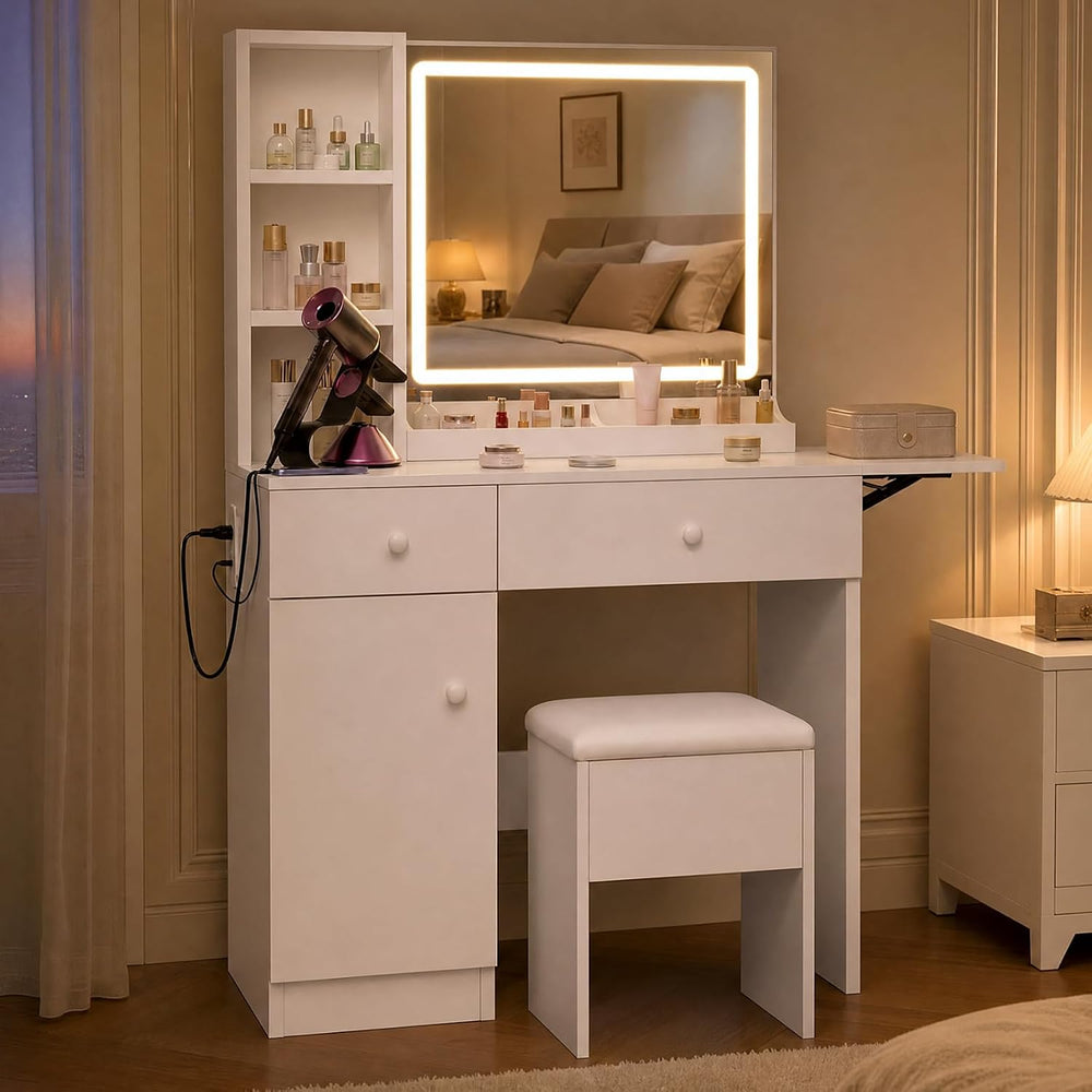 FUXA Vanity Desk with Lighted Mirror, Charging Station and Chair, White | Sto...