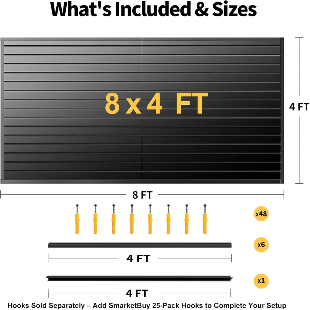 Slat Wall Panels 8x4 ft, Heavy-Duty PVC Garage Slatwall Panel with Trim & Screws, Interlocking Black Wall Panels, Garage Wall Organizer Slat Board PVC Wall Panel for Tools and Sports Equipment Storage