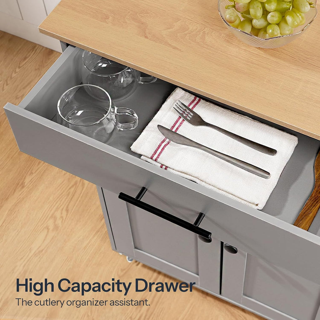 HOOBRO Kitchen Island with Power Outlet, Storage Island with Spice Rack and Drawer, Rolling Kitchen Cart on Wheels, for Home, Dining Room, Natural and Gray GN82UZD01