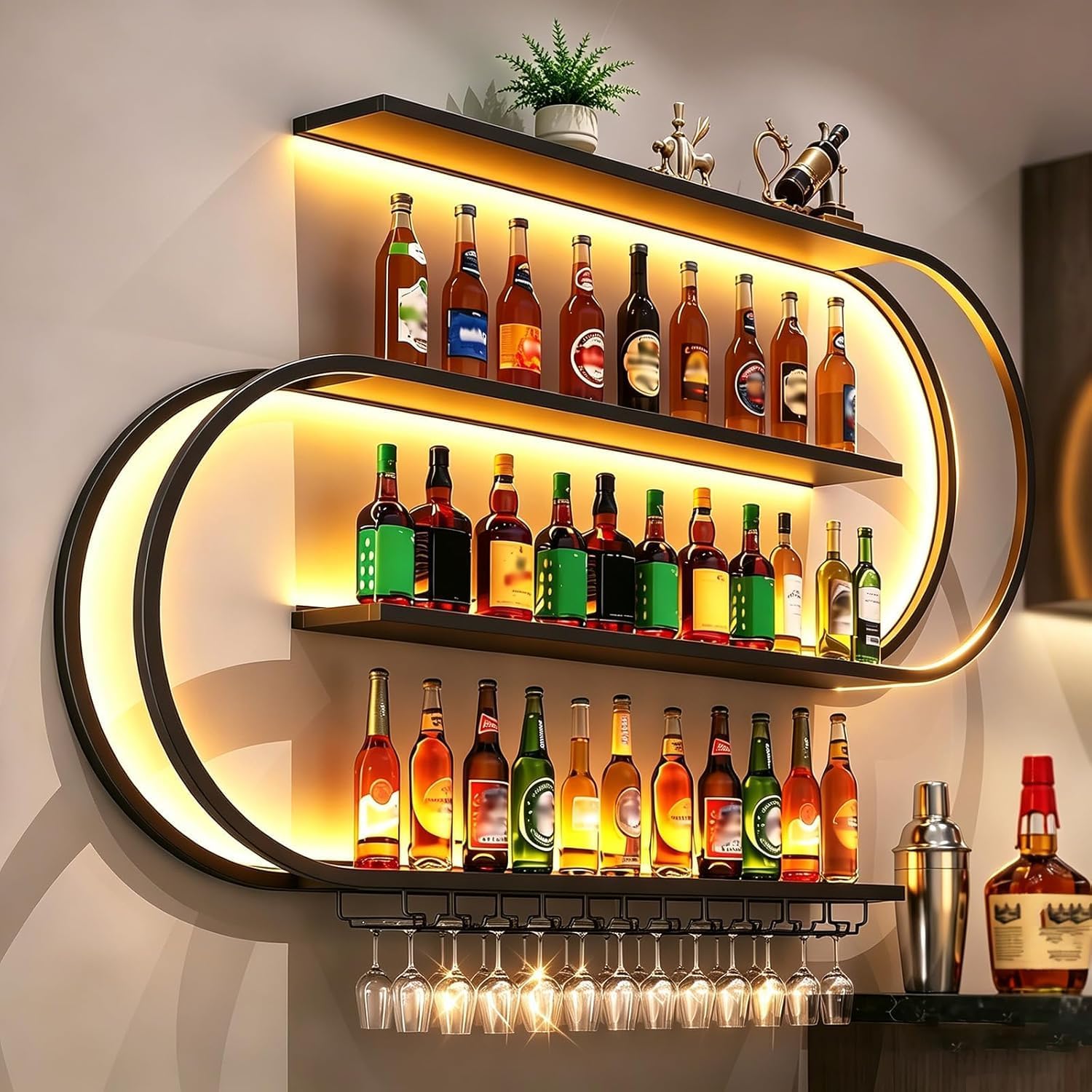 Wine Rack Wall Mounted, 4 Tier Wall Wine Rack with LED Light, Modern Wine Bottle Holder with Wine Glass Hooks, S-shaped Hanging Liquor Storage Display Shelf for Bar (47.24'' * 7.87'' * 59.05'')