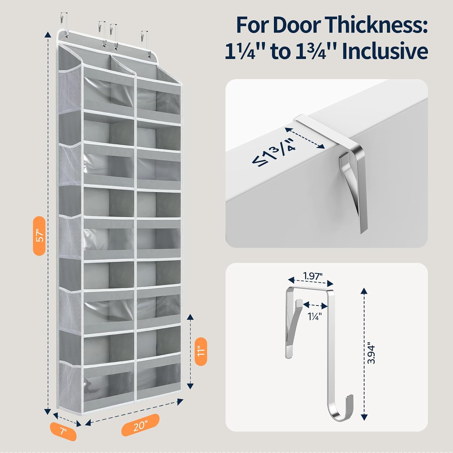 Yecaye 5-Tier Over The Door Organizer Dual-Column, 80lbs Load Over the Door Storage of 10 Compartments, Heavy Duty Door Organizer Hanging for Bedroom Closet Nursery Bathroom Pantry, Gray, 2 Pack
