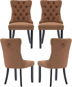 Brown Dining Chairs Set of 4, Upholstered Tufted Linen Fabric Dining Room Chairs with High Back, Nailhead Trim and Black Solid Wood Legs, Modern Dining Chair for Dining Room, Kitchen(Brown)