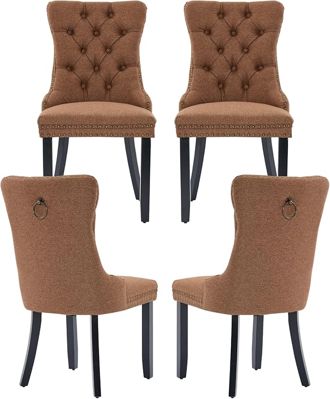 Brown Dining Chairs Set of 4, Upholstered Tufted Linen Fabric Dining Room Chairs with High Back, Nailhead Trim and Black Solid Wood Legs, Modern Dining Chair for Dining Room, Kitchen(Brown)