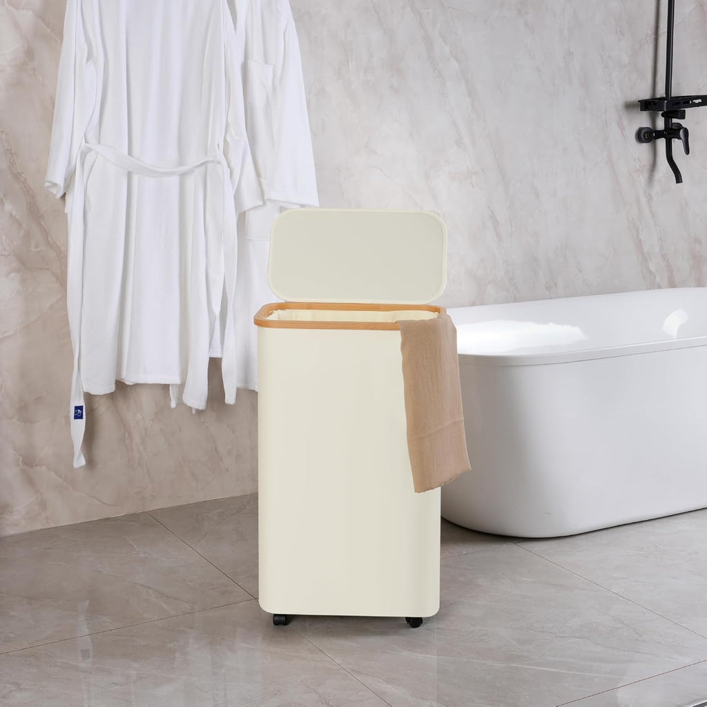 efluky Slim Laundry Hamper with Wheels, Narrow Laundry Basket with Lid and Removable Bag, Aesthetic Dirty Clothes Hamper on Wheels for Laundry Room, Bedroom, Dorm and Bathroom, 75L Beige