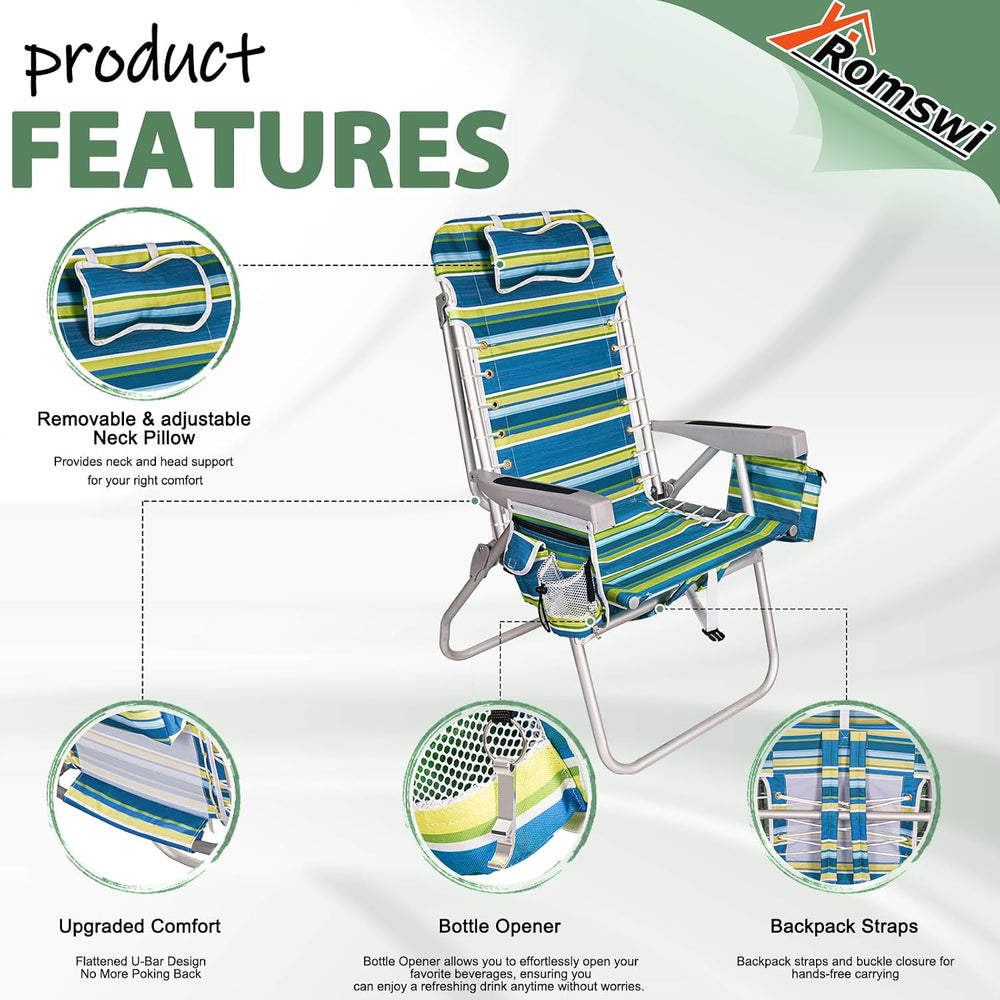 Romswi Tall Beach Chair Extra Wide for Adults, 17" High Seat Backpack Be...