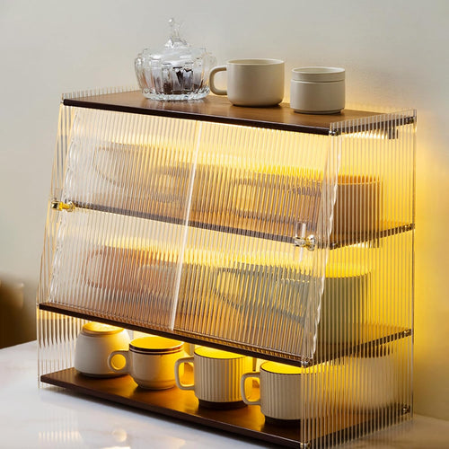 4-Tier Clear Acrylic Organizer, Pantry Cabinet with Sliding Doors, Trapezoidal Countertop Cabinet for Bowls, Spices or Bathroom Storage (B)