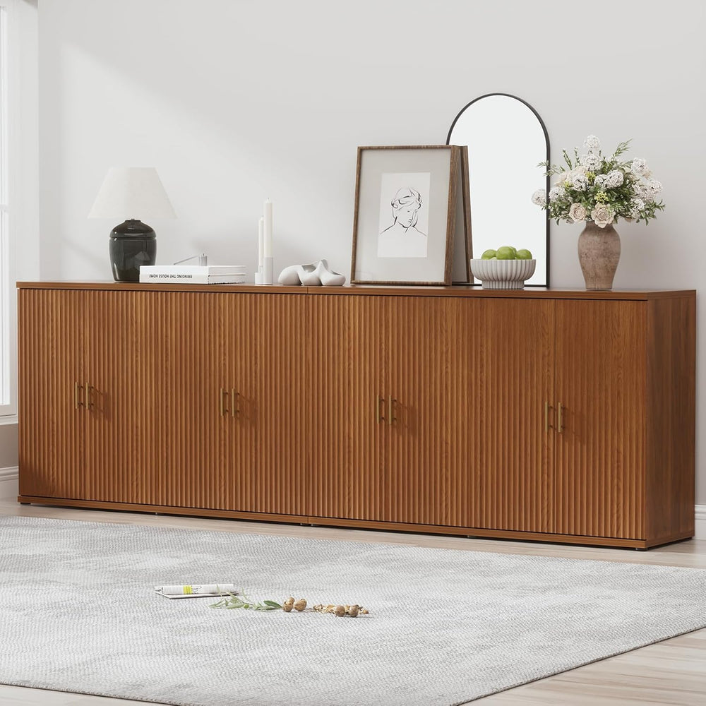 Yechen 94.6" Walnut Fluted Sideboard Buffet Cabinet with Storage and 8 D...
