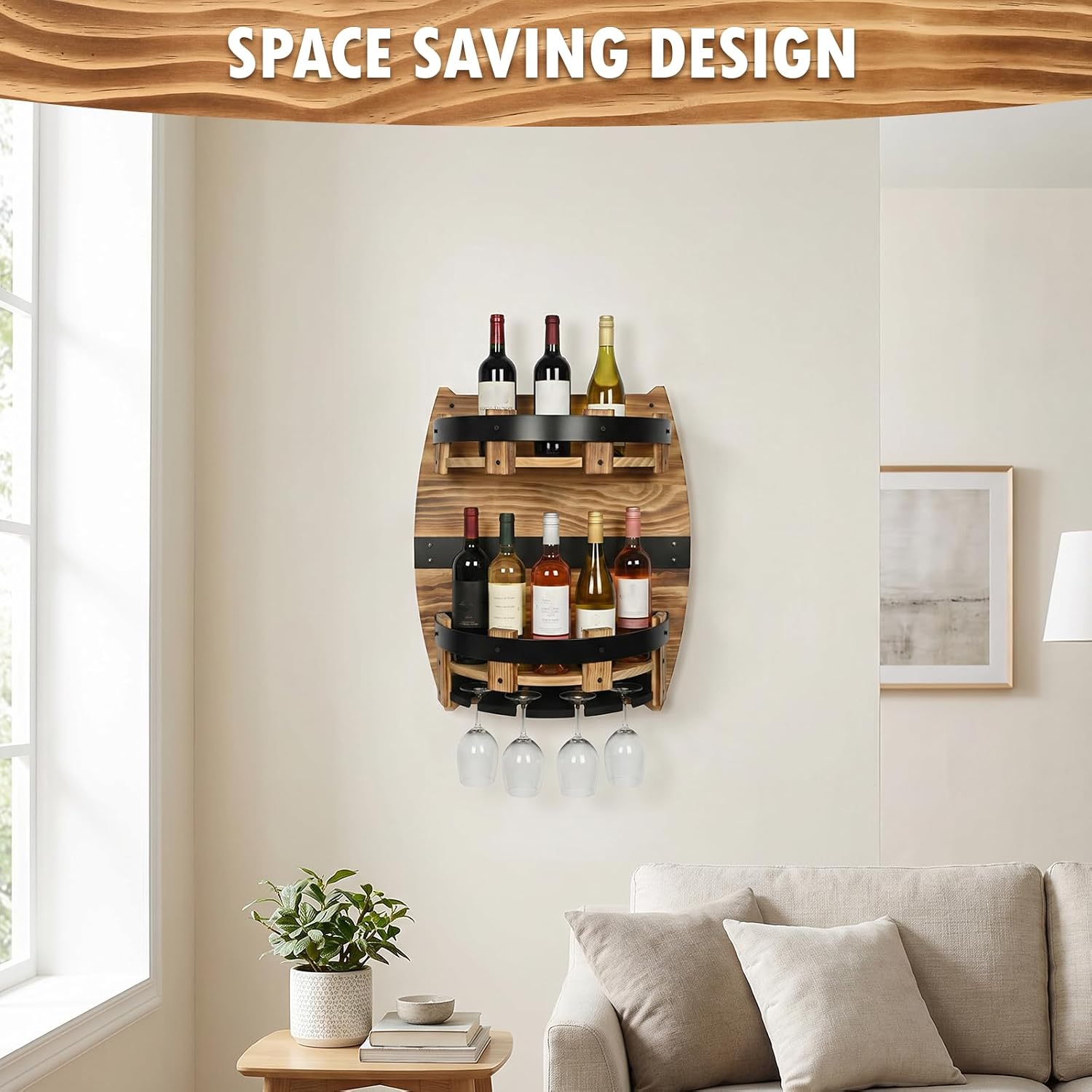 Whiskey Barrel Wall Shelf, Wooden Bourbon Bottle Display Rack | Vintage Handcrafted Wooden Liquor Storage Shelf for Home Bar, Kitchen, Man Cave and Farmhouse Decor
