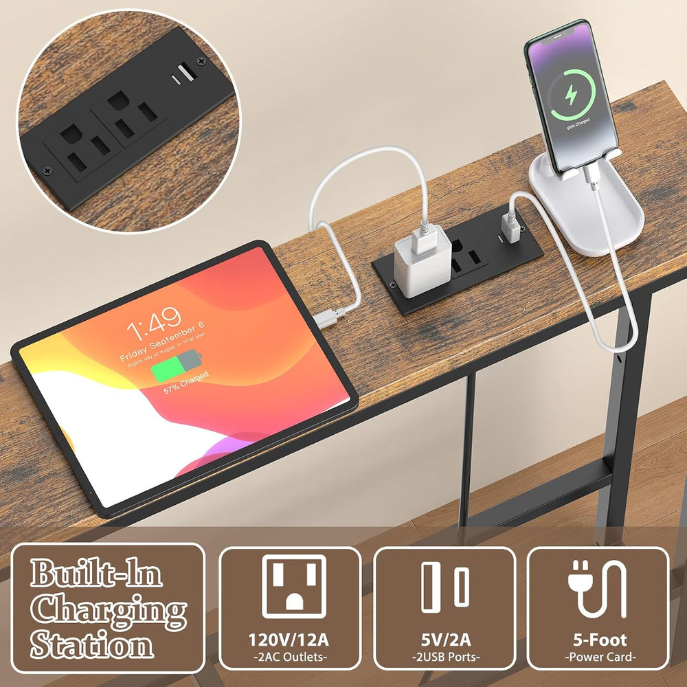 102 in Narrow Behind Couch Table with 2 Power Outlets,Rustic Brown | 2 USB-C ...