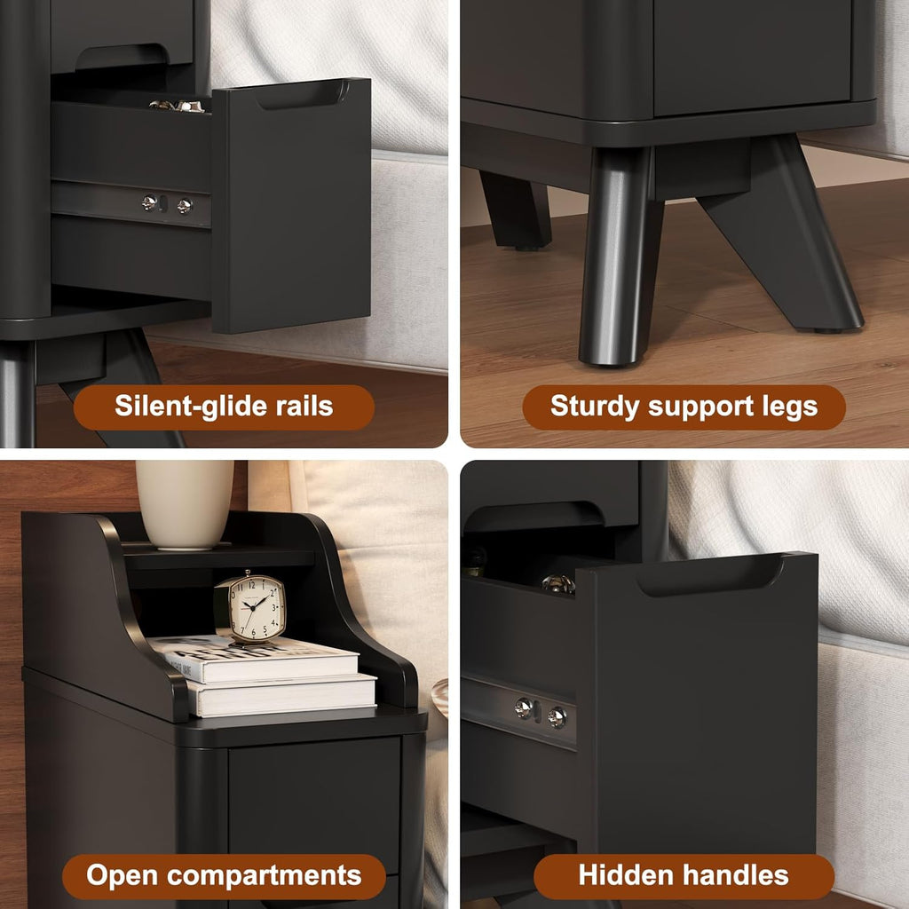 Narrow Nightstand with Drawers, Wood Night Stand with Charger Station, Narrow Bedside Table Modern Side Table Skinny End Table for Bedroom, Black