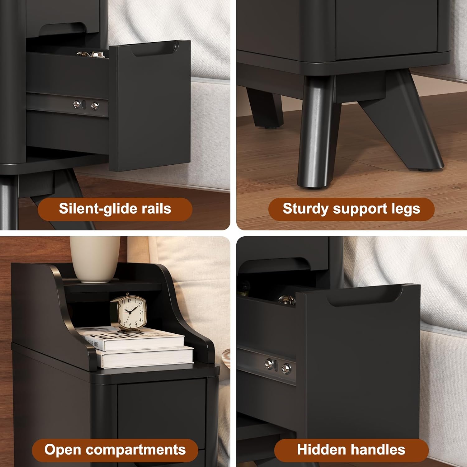 Narrow Nightstand with Drawers, Wood Night Stand with Charger Station, Narrow Bedside Table Modern Side Table Skinny End Table for Bedroom, Black